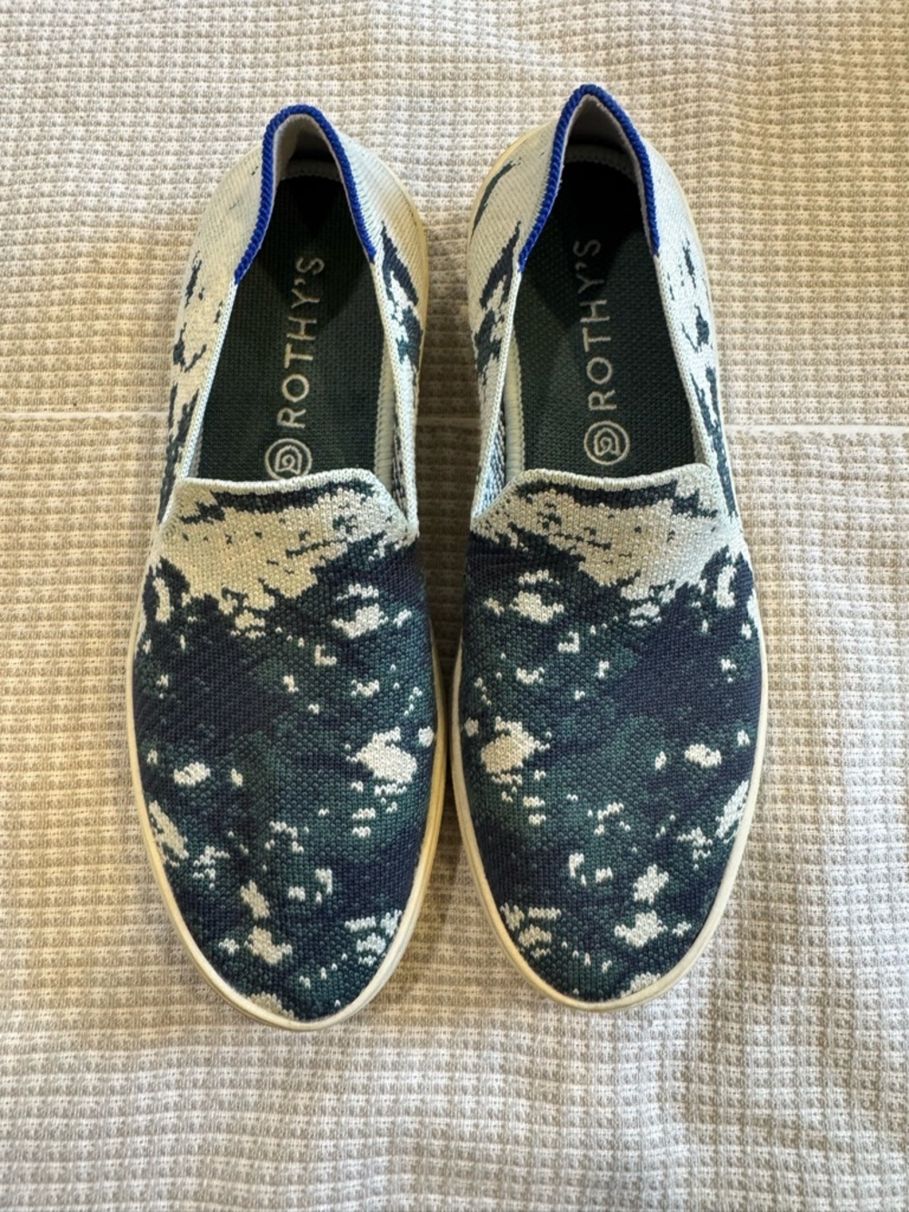 Rothy's Slip-On Sneaker in Blue, Teal, and White